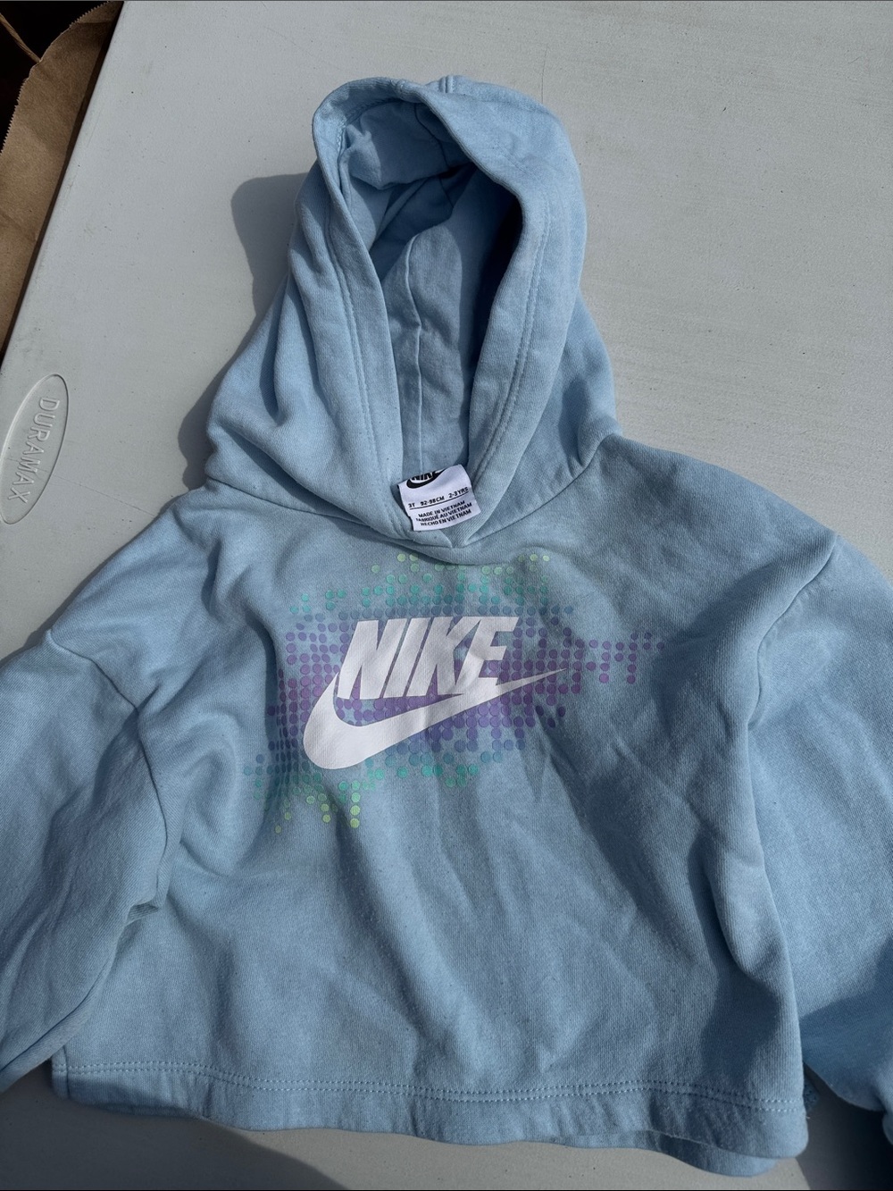 Nike Light Blue Hoodie with White Logo and Purple/Mint Dot Graphic